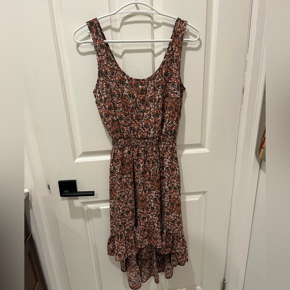 Floral Sleeveless High Low Chiffon Dress - Brown